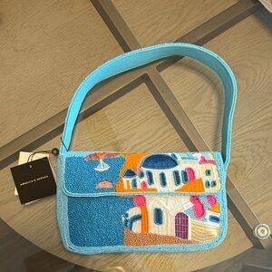 Viral beaded coastal Santorini scene handbag